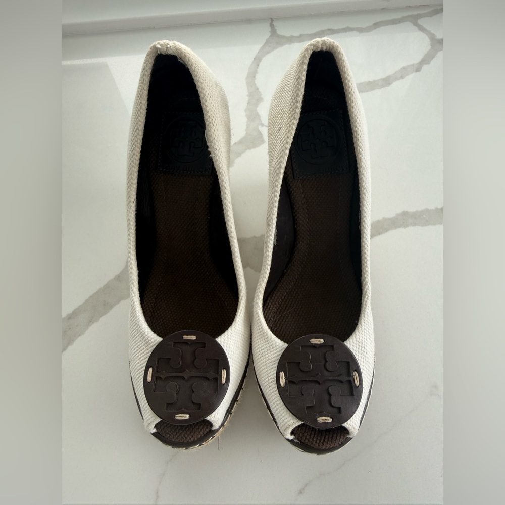 Tory Burch Peep-Toe Wedge Espadrilles-Size 6.5-White/Cream